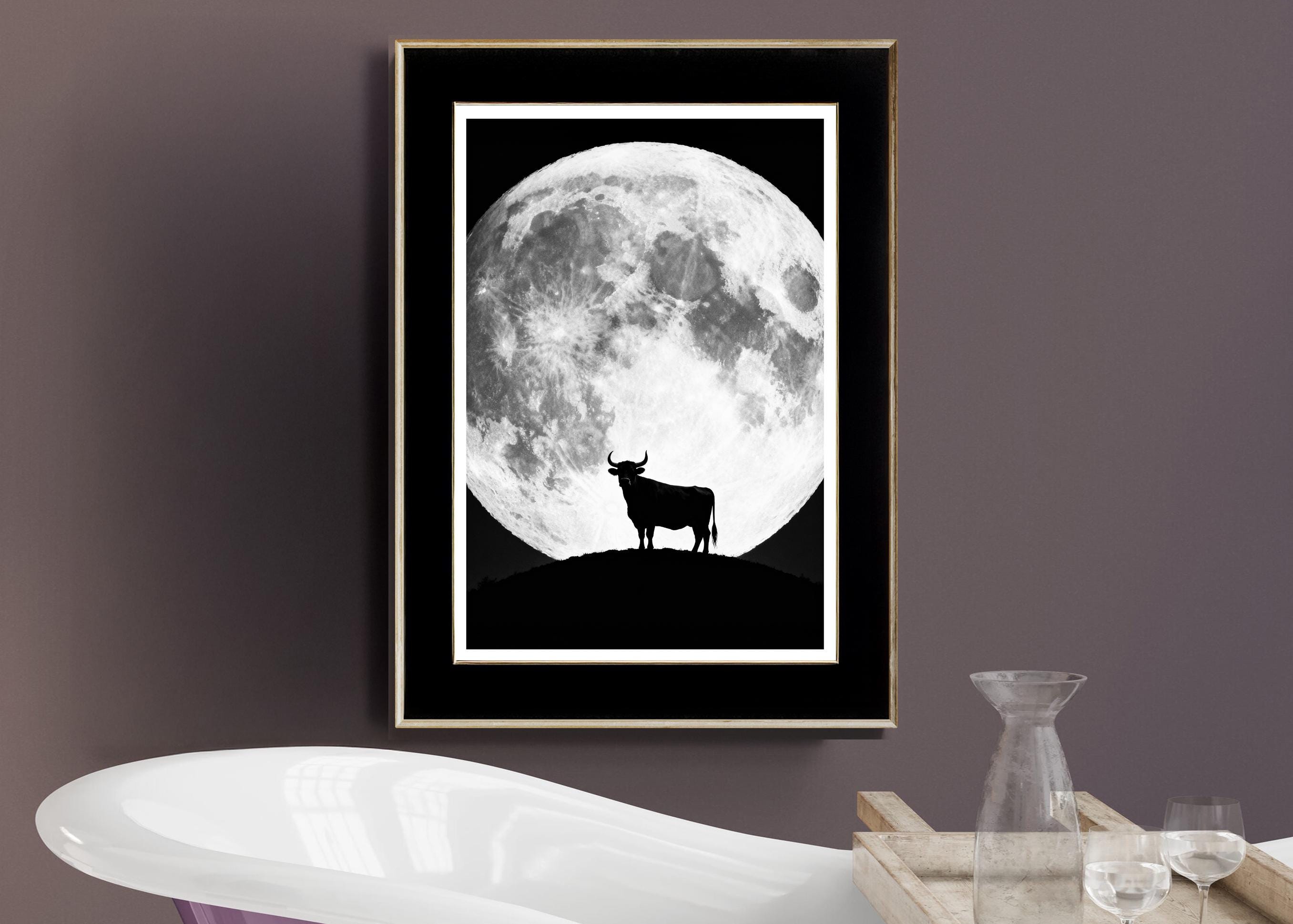 Cabin Wall Art | Highland Cow and Moon Print | Rustic Mountain Decor | Black and White Nature Poster