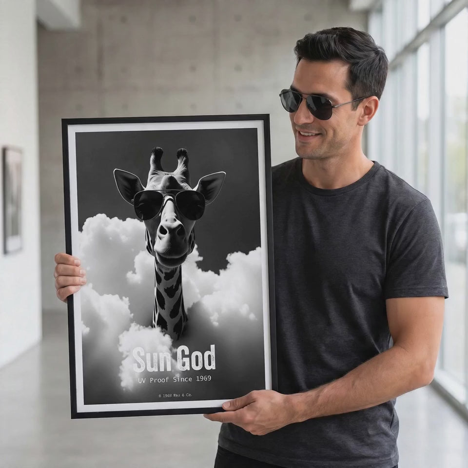 Retro Cool Giraffe Poster | 1969 Sunglasses Art | Sky High Animal Print | Vintage Swagger Decor