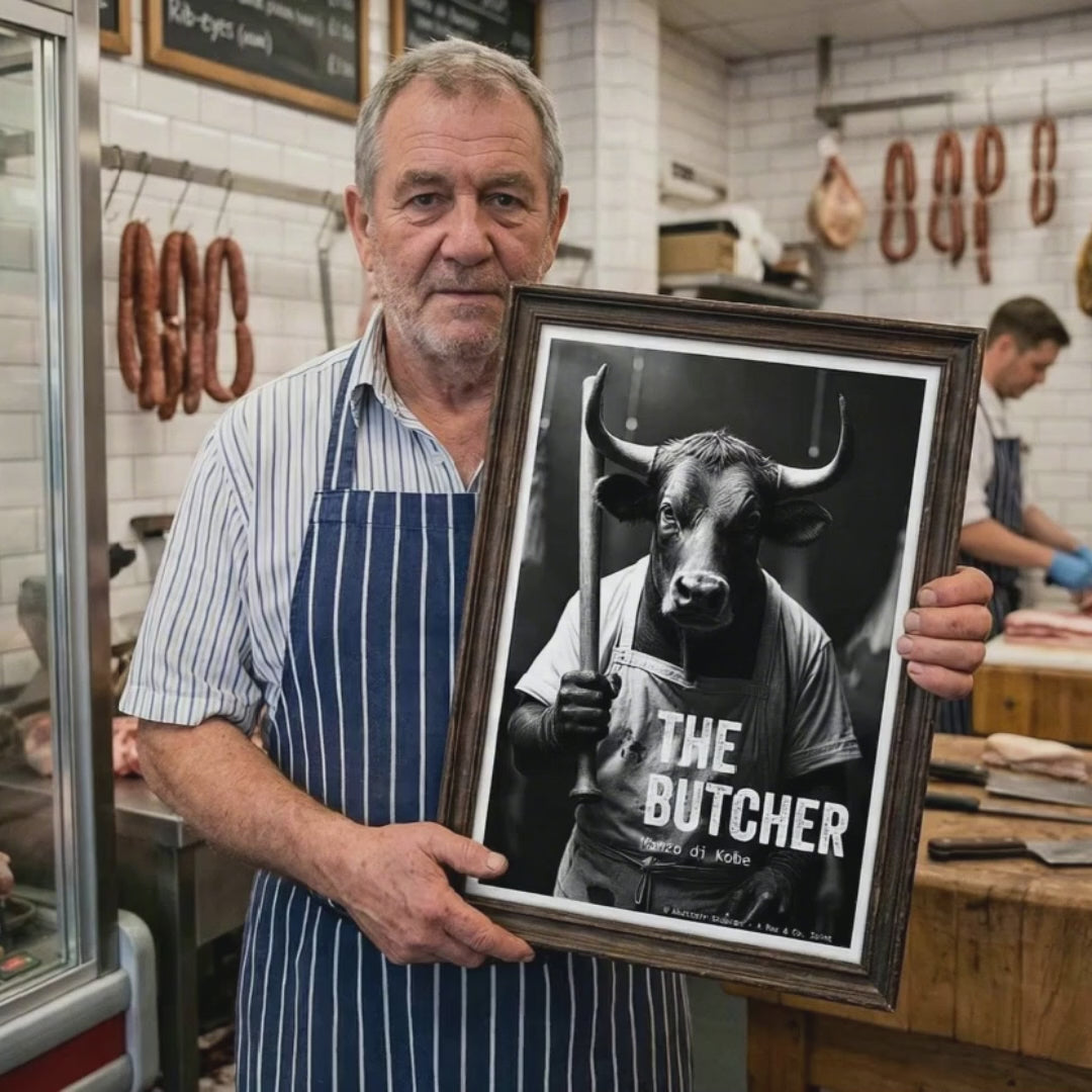 Bull with Baseball Bat Art | The Butcher Print | Noir Animal Poster | Man Cave Wall Decor