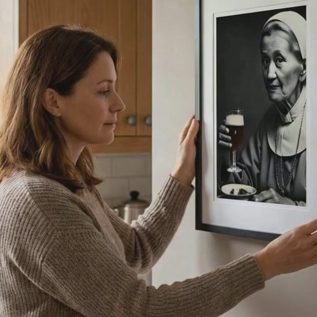 Funny Nun Poster | Drinking Beer Art | Quirky Bar Wall Decor