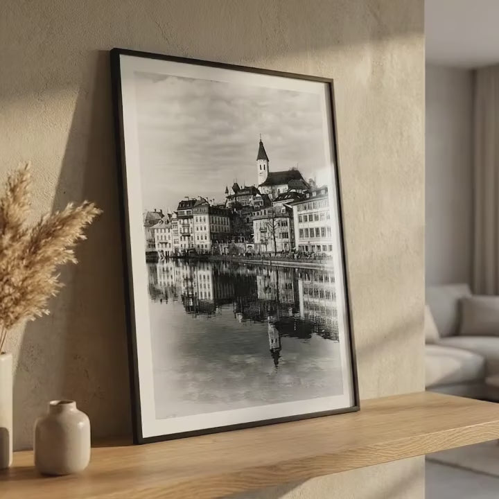 Thun Old Town Reflection | Church on the Aare | Swiss Lakes | Black & White Print