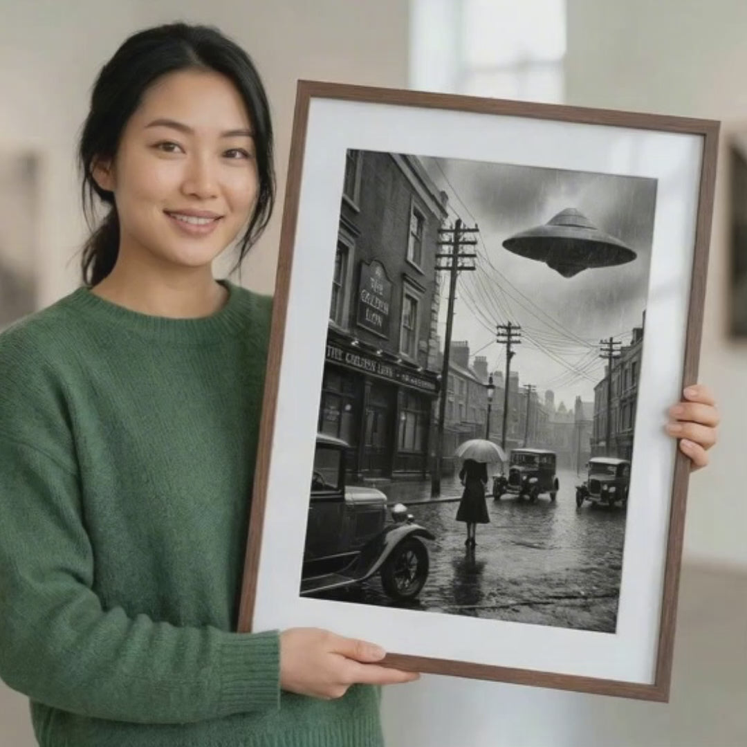 First Contact 1925 UFO Poster | Retro Sci-Fi Black and White Paranormal Poster