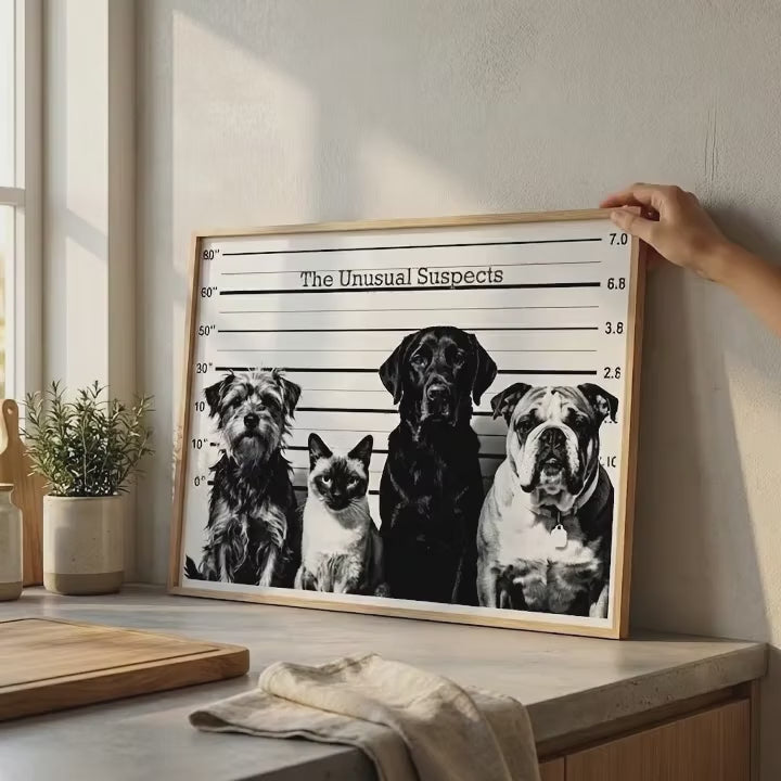 Unusual Suspects Dog & Cat Lineup Art | Funny Black and White Poster