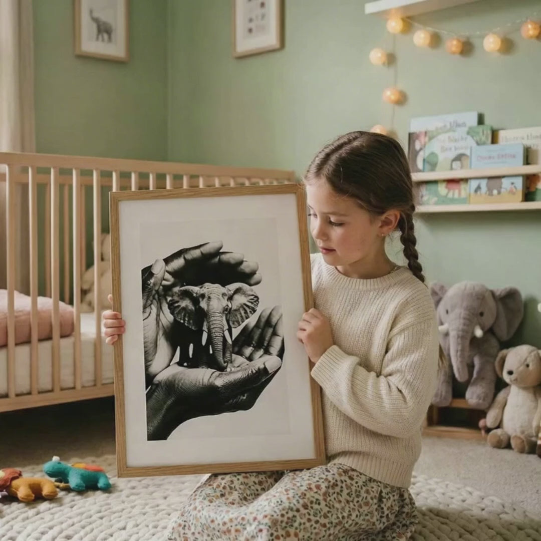 Hands Holding Elephant Art | Symbolic Gentle Power Print | Minimalist Meaningful Decor | Gift of Care