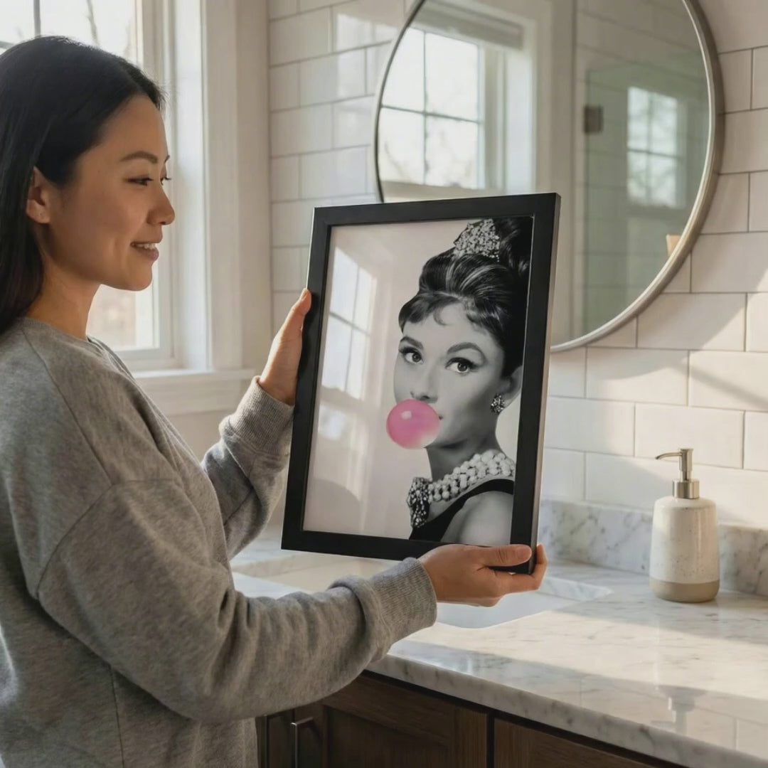 Audrey Hepburn Bubblegum Print | Vintage Glamour Bathroom Art | Pop Art Portrait