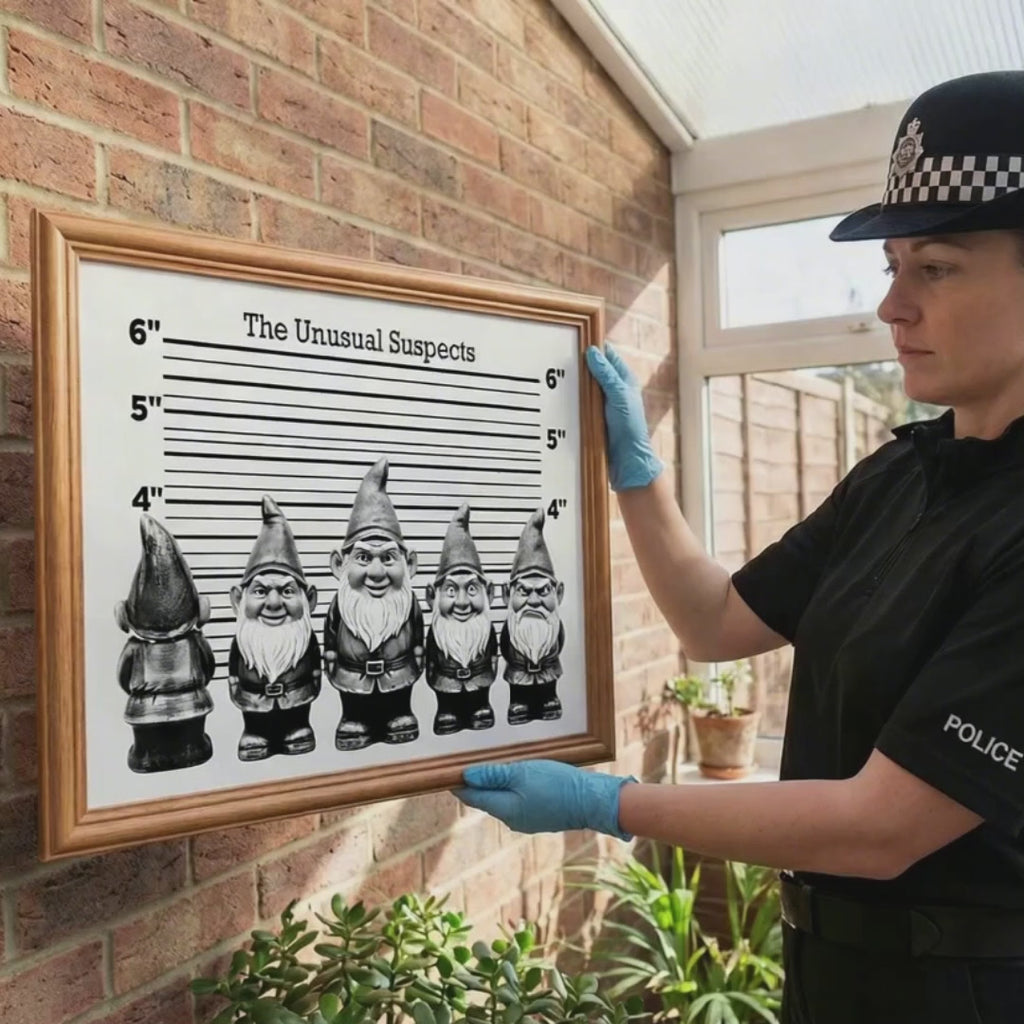 Usual Suspects Parody Poster | Garden Gnome Art Print |Funny Black and White Police Lineup