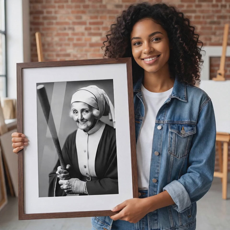 Funny Nun Baseball Bat Art Print | Quirky Gothic Decor