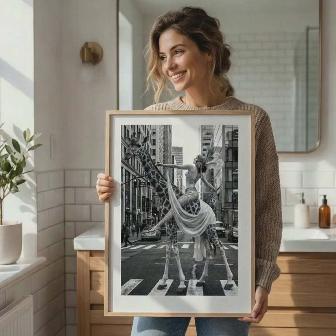 Woman Riding Giraffe in NYC Poster | Black and White Print